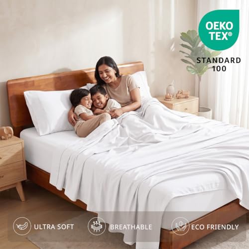 Image of LANE LINEN 100% Organic Cotton Fitted Bedsheet for Double Bed - White | GOTS Certified, Percale Weave, 78x60 inches, Fits Upto 12 inch Mattress, Soft, Breathable, Washable, 2 Pillow Covers