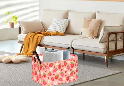 Image of Kid Storage Basket Gift Shelf Basket Toy Storage Bin, Nursery Basket Organizer Box for Children Room Deco With Handles (Strawberry)