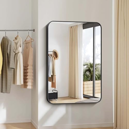 Image of Bathroom Mirror, 48x36 inch Black Rectangle Wall Mirror, Metal Frame Rounded Corner Vanity Mirror, Large Wall Mounted Mirror for Over Sink Bedroom Living Room Horizontal Or Vertical Mounting