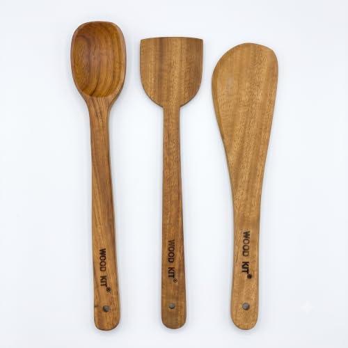 Image of Neem Wood Spoons for Cooking, 3-Piece Set - Handcrafted Wooden Kitchen Utensil Set for Non-Stick Cookware | Serving Spoon, Wide Flipper & Narrow Spatula | Heat Resistant & Eco-Friendly