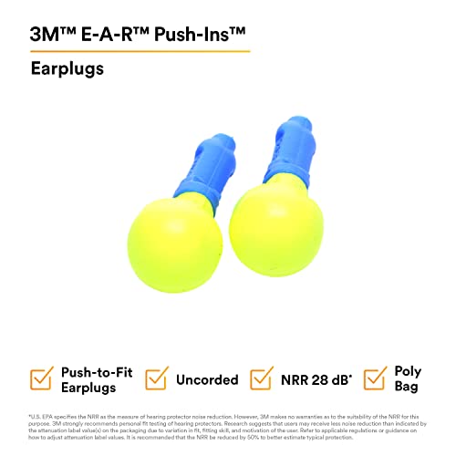 3M E-A-R Push-Ins Earplugs 318-1000, 28.0 Dbs, 100 Pair, Ansi, Uncorded, No Roll, Push To Fit, Poly Bag #TOP2