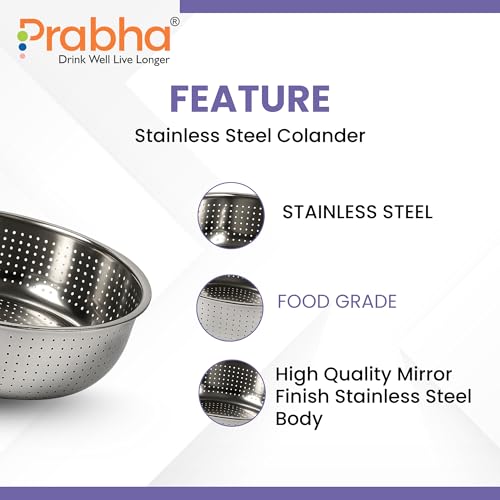 Image of Prabha Colander Stainless Steel Strainer Sieves 30cm | Kitchen Strainer with Handle-Essential Kitchen | Colanders Bowl, Basket | Colander for Rice Straining Washing Fruits, Vegetables, Silver