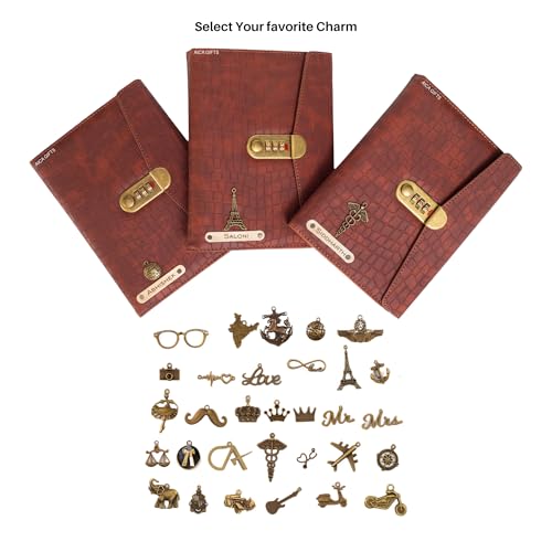 Image of AICA Personalized Name & Charm Leather Lock (Tan Brown) Diary � A5 Size 230 Pages with Combination Lock for Men & Women | Customized Planner Diary Office Birthday Gift Items for Women Girl