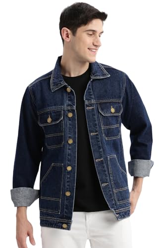 Image of SHOWOFFFF Men Solid Denim Jacket | Spread Collar Full Sleeves Denim Jacket for Mens | Slim Fit Regular Length Jacket for Men's
