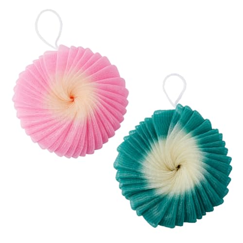 Éclat Esponja de baño de malla, esponja de lufa, exfoliante suave para lavado, red de nailon de espuma rica con bucle para colgar de secado rápido, limpiador diario suave (rosa/verde, 2 unidades)