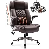 Large High Back Office Chair - Adjustable Lumbar Support Flip Up Arms Heavy Duty Quiet Wheels Metal Base Breathable Bonded Leather Ergonomic Executive Computer Desk Chair with Storage Bags, Brown