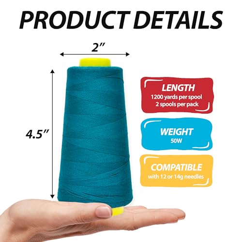 Image of Mandala Crafts Teal Mercerized Cotton Thread Cones for Sewing Quilting | 2400 Yds 50 WT, 100% Long Staple Cotton, Multipurpose, for Embroidery, Piecing, Sergers, Applique, Machine and Hand Sewing