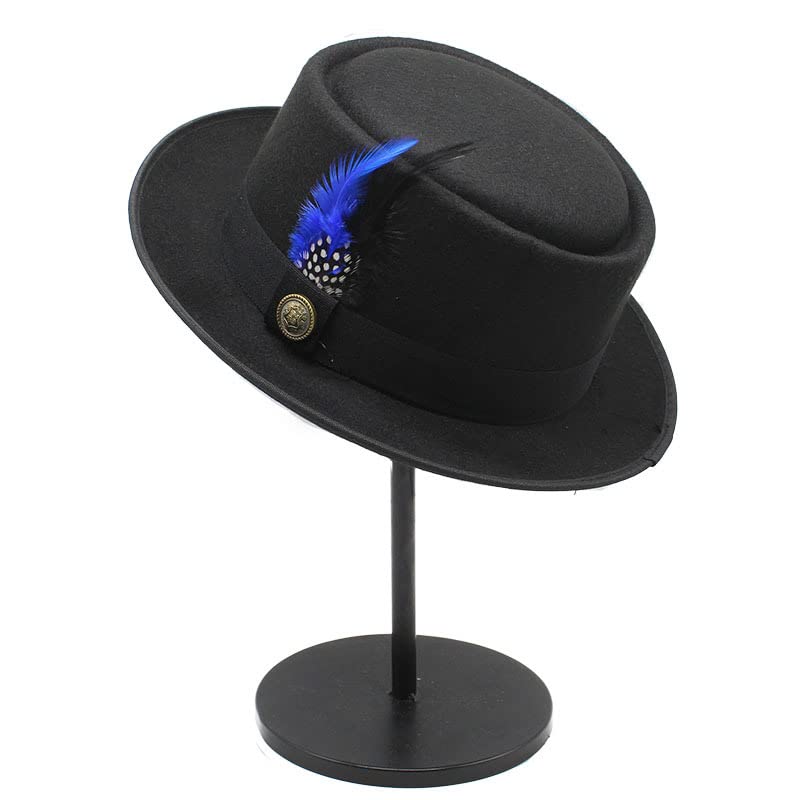 TAHALI RZL Chapeau Melon Chapeau Haut de Forme en Laine d'automne et d'hiver, Chapeau Haut de Forme Rond en Laine, Chapeau de Jazz for Homme avec Plume Noire et Bleue (Couleur : Bleu)