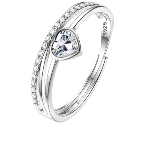 JeweBella Anillo Plata de Ley 925 Mujer Ajustable Anillos Corazón Piedras Cumpleaños Circonita Cúbica Anillos de Compromiso Pedida Promesa Anillos Mujer de Aniversario Amistad