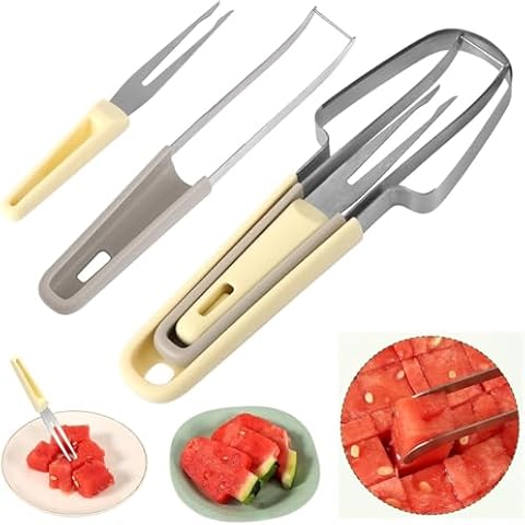 3-in-1 Watermelon Fork Slicer Cutter, 2024 Upgraded Stainless Steel Fruit Cutter Watermelon Cutter Slicer Tool Watermelon Popsicle Cutter Melon Cutter Slicer Fruit Fork for Camping Kitchen Gadgets Cover