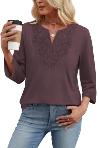 Image of WIHOLL 3 /4 Length Sleeve Womens Tops Boho V Neck Lace Shirt Trendy Blouses Dressy Casual Vacation Clothes S-3XL