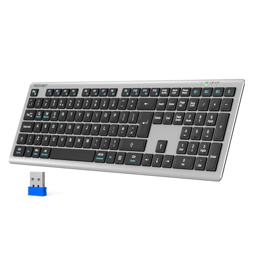 TECKNET Wireless Keyboard Rechargeable 2.4GHz USB Bluetooth Keyboard for 4 Multi Devices Ultra Slim Full Size UK Layout Keyboards for Laptop Computer Tablet Desktop Phone