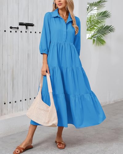 Image of Women Button Down Maxi Shirt Dress Long Sleeve Flowy Tiered Collared Dresses with Pockets