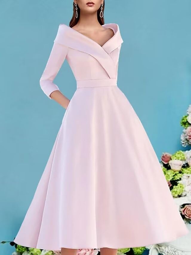 Women's Elegant A Line Satin Mother of The Bride Dress V Neck 3/4 Sleeve Wedding Guest Dresses with Pleat4