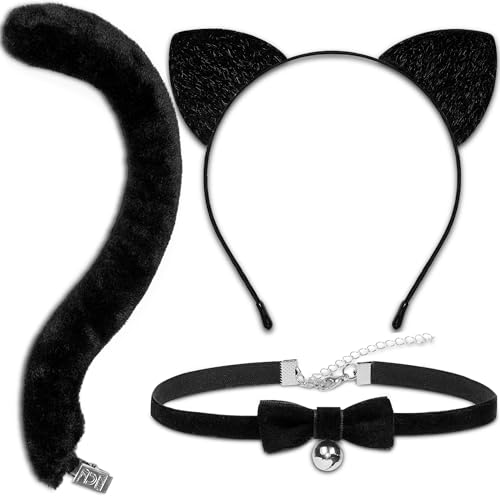 MUKOSEL Cat Ears Headband and Tail Bell Collar Set, Cat Costumes for Women Black Cat Ears and Tail Set, Cat Costume Accessories Halloween Party Cosplay Costumes Set for Adults Women