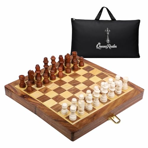 Image of QueensRealm 10 Inch Sheesham Chessboard - Premium Handmade Magnetic Chess Board Set with Magnetic Pieces | Foldable Chessboard for Kids and Adults for Indoor Outdoor Chess Set (10 x 10 Inches)