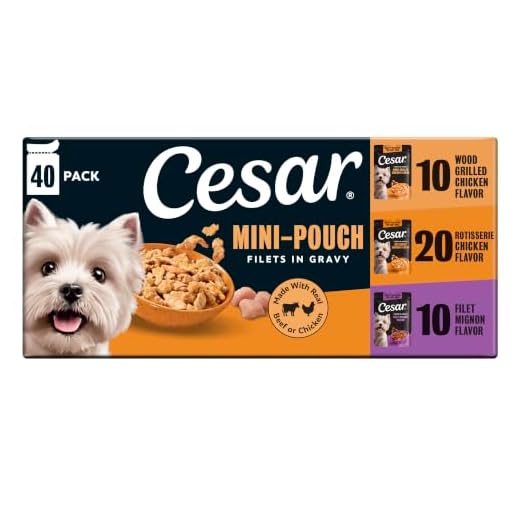Cesar Filets in Gravy Wet Dog Food Rotisserie Chicken Flavor, Filet Mignon Flavor, and Wood-Grilled Chicken Variety Pack, Wet Food for Dogs, 1.76 oz. Mini-Pouches, 40 Count