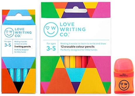 Love Writing Co. Age 3-5 Years - Learning To Write Pencil Pack - Includes 5 Writing Pencils, 12 Erasable Colour Pencils and Eraser Sharpener. Helps pencil control and grip.