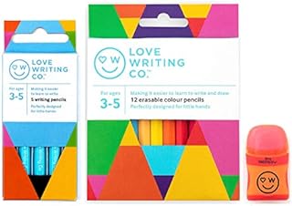 Love Writing Co. Age 3-5 Years - Learning To Write Pencil Pack - Includes 5 Writing Pencils, 12 Erasable Colour Pencils and Eraser Sharpener. Helps pencil control and grip.