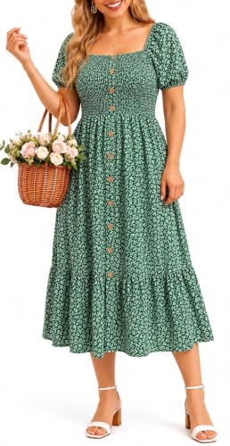 Plus Size Green Floral Summer Dress - Casual Boho Midi Dress for Women