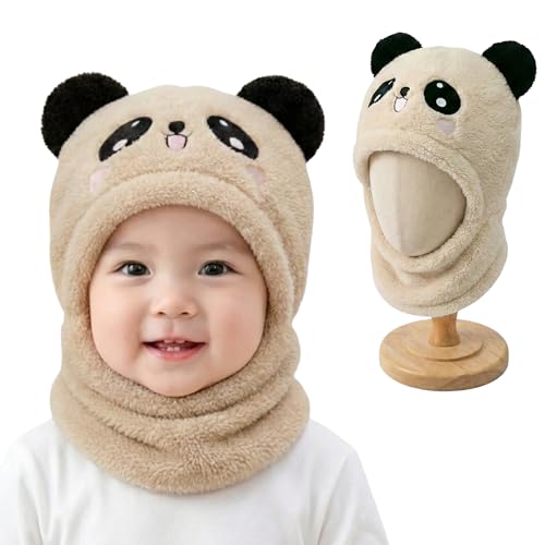 Image of Kraptick Winter Kids Monkey Cap - Cute Panda Plush Balaclava Hat with Neck Warmer Scarf Soft Woolen Fleece Lined Windproof Earflap Hood for Babies -3