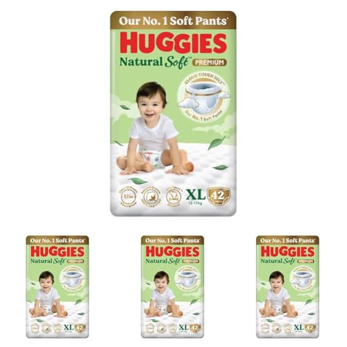 Image of Huggies Natural Soft Premium Baby Diaper Pants, Our No.1 Soft Pants, Extra Large (XL) Size (12-17 Kgs), Pack of 168 diapers | Cloud Softness All over with India's 1st Cloud Touch BeltTM