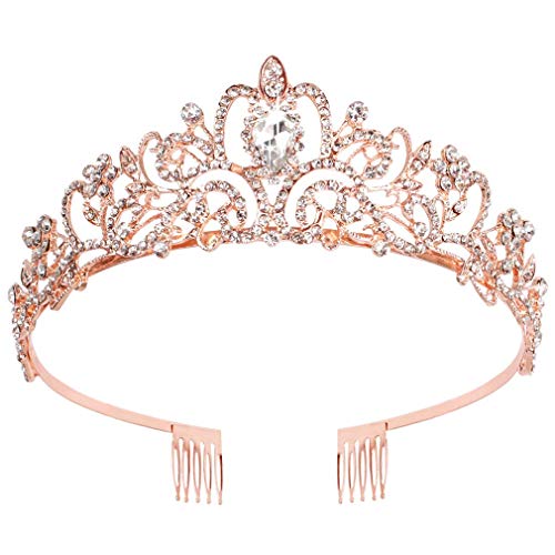 Rose gold crystal tiara crown headband princess elegant crown with comb lady girl bride wedding prom birthday party (rose gold)