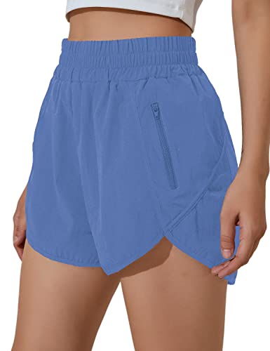 BMJL Women's Running Shorts Elastic High Waisted Shorts Pocket Sporty Workout Shorts Quick Dry Athletic Shorts Pants, Blue54, S