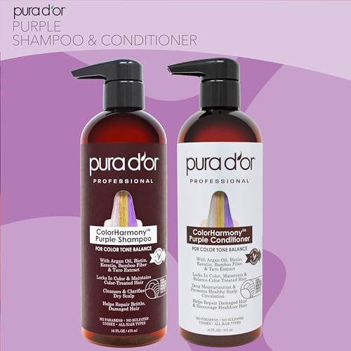 PURA D'OR ColorHarmony Purple Shampoo & Conditioner Biotin Set (16oz x 2) For Bleached, Blonde, Silver & Color Treated Hair - Keratin, Bamboo Fiber, No Sulfates, Natural Ingredients - Men & Women