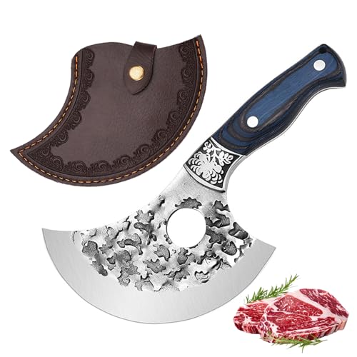 Doklasu Couteau de cuisine japonais Couteaux de cuisine forgé à la main Ulu Style Full Tang High Carbon Steel Maison et plein air avec manche en bois teinté bleu et fourreau