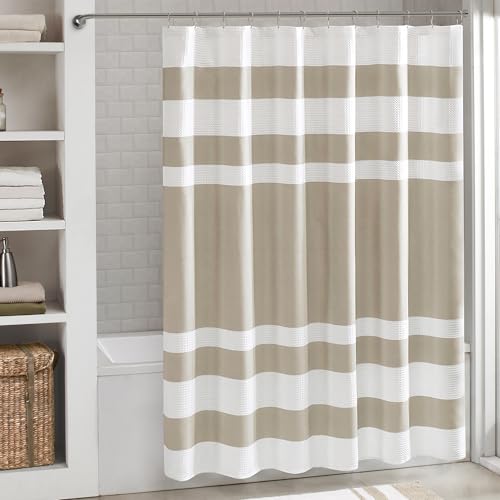Madison Park Shower Curtain Waffle Weave Striped Pieced Design Fabric Shower Curtain for Bathroom with 3M Scotchgard Moisture Management Premium Spa Quality Modern Standard 72'x72' Taupe