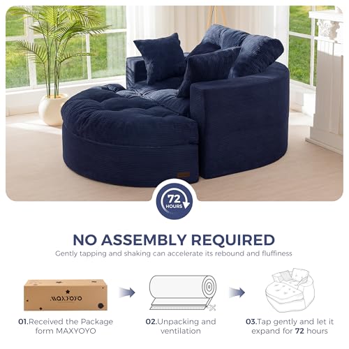 Image of MAXYOYO Modular Sectional Chaise Lounge Sofa, Round Upholstered Lounge Chair with Ottoman, Comfy Couch with Layered Cushion, Tufted Sleeper Chair for Living Room, Navy