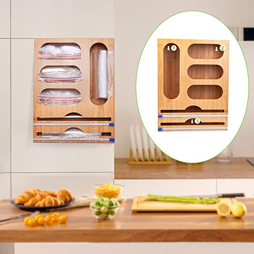 Kitchen Foil And Plastic Wrap Organizer, Bamboo Ziplock Bag Storage Organizer, Wrap Dispenser With Cutter，Compatible With Gallon, Quart, Sandwich And Snack Variety Size Bag #TOP1