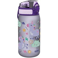 Ion8 Botella de Agua para Niños, 350ml, a Prueba de Fugas, Fácil de Abrir, Cerradura Segura, Apta para Lavavajillas, Sin BPA, Asa de Transporte, Fácil de Limpiar, Neutro en Carbono, Diseño Unicornios
