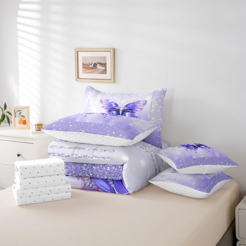 Image of Feelyou Butterfly Comforter Set Twin Size 7 Pieces Dreamy Princess Bedding Set for Kids Boys Girls Glitter Bed in a Bag with Comforter, Sheets, Pillowcases, Cushion Covers Watercolor Butterflies