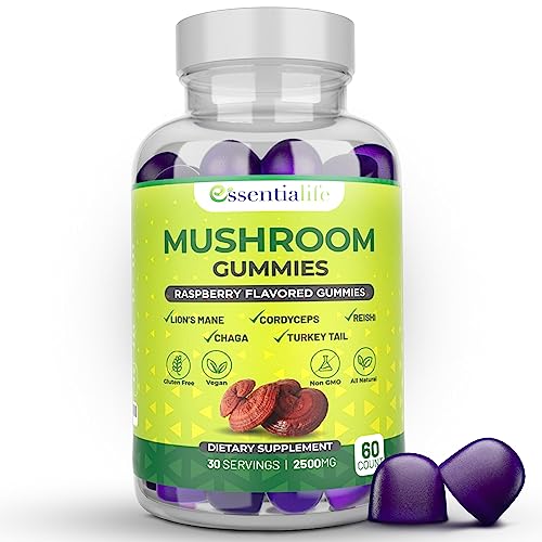 Essentialife Lions Mane Mushroom Supplement | 5-in-1 Mushroom Gummies with Turkey Tail, Cordyceps, Reishi, Chaga Extract | Brain Focus and Immune Support for Women Men, Raspberry Flavor, 60 ct