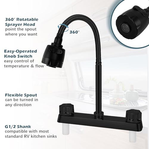 Image of 8 in RV Kitchen Faucet, XFIRE-GEAR Camper Faucet Kitchen with Flexible Arc 360 Degree Rotatable Dual Function Sprayer, RV Sink Faucets for Motorhomes, Travel Trailers Accessories (Black)