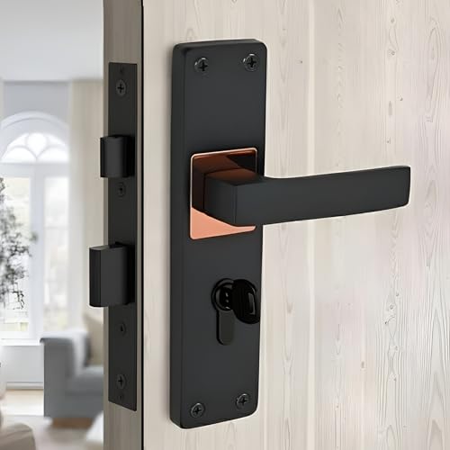 Image of Trevi Premium Matte Black Mortise Door Handle Lock Set with Cylinder & Keys | Heavy-Duty Metal Lever Handle | Smooth Operation | Ideal for Bedroom, Office & Wooden Doors| Model- Ferric CY