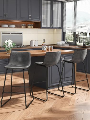 Image of REONEY Bar Stools Set of 3, 26 inch Urban Faux Leather Counter Stools, Grey
