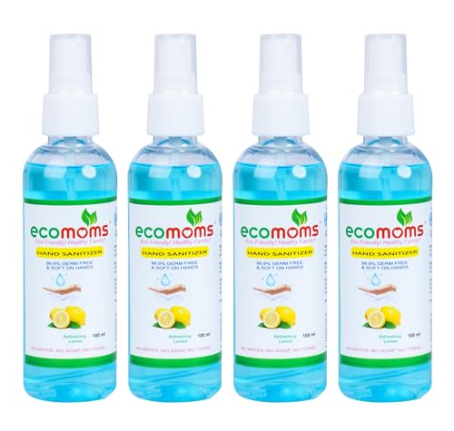 Image of Ecomoms Hand Sanitizer 100ml 99.99% Effective Against Germs -75% Alcohol | Skin Friendly and Safe for Kids | Instant Germ-Free Protection (100ml, Pack of 4)