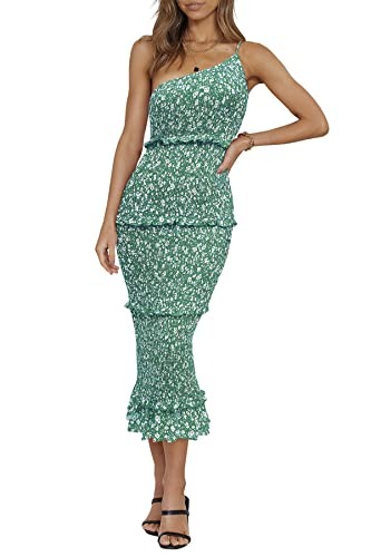 Image of PRETTYGARDEN Women's Summer Midi Bodycon Dresses One Shoulder Strappy Tiered Ruffle Floral Boho Sun Dress