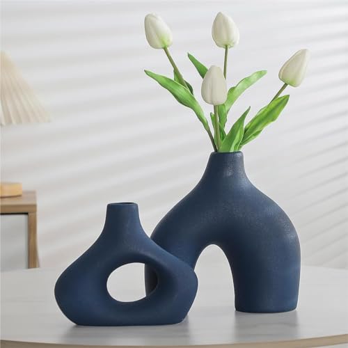 CEMABT Blau Keramikvase 2er Set für Moderne Wohnkultur, runde Matte Donut-Vasen für Pampasgras, neutraler Boho-nordischer Minimalismus-Stil Blumenvasen für Wohnzimmer Hochzeit