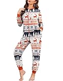 Ekouaer Christmas Onesie Fleece Long Sleeve Adult One Piece Pajamas for Women Zipper Pjs with Pocket S-XXL White Striped Reindeer S