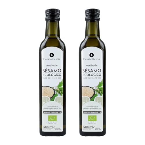 PLANETA HUERTO | Pack 2x Aceite de Sésamo Virgen 500 ml,100% Natural, Prensado en Frío, Rico en Omega 6 y Omega 9 - Aceite de Sésamo Apto para Cocina Asiática, Dietas Saludables y Cuidado de la Piel