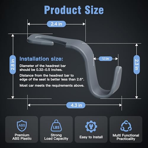 Image of 4-Pack Car Headrest Hooks Holds 55lbs Seat Storage Organizer for Bags | Durable ABS Material, 360 Rotating, Car Hanger for Backpack Umbrella Water Bottle Coat Purses Handbags Groceries, Grey