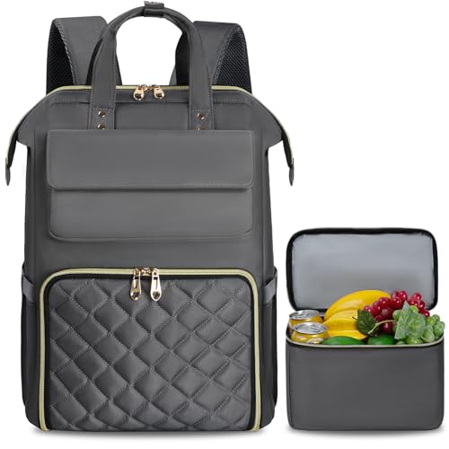 Image of BERTASCHE Lunch Backpack for Women, 15.6 Inch Laptop Backpack with Insulated Cooler Lunch box, Nurse Backpack for Teacher Work Travel College Picnic,Grey