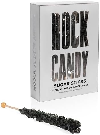 Black Rock Candy Sugar Sticks - Black Cherry Flavored - 12 Individually Wrapped Candy Party Favors