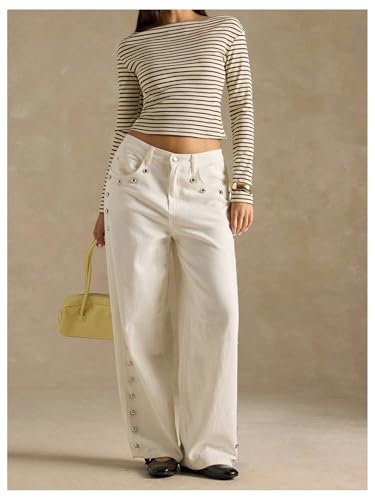 Image of RoseSeek Women's Striped Off The Shoulder Tops Long Sleeve Elegant Tshirts