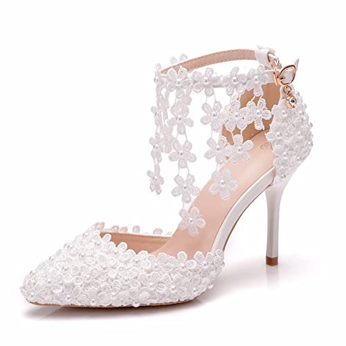 Women's White Lace Floral Stiletto High Heel Wedding Shoes, Sexy Pointed Closed Toe Bridal Heels Sandals, Ankle Strap Party Dress Bride D'Orsay Pumps