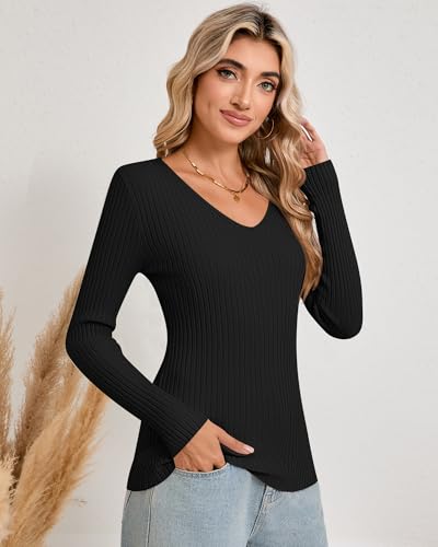 Image of Riyiper 2 Pack Women's Long Sleeve Ribbed Sweaters, V Neck Pullover Tops Slim Fit Casual T-Shirts Tight Basic Knit Tee